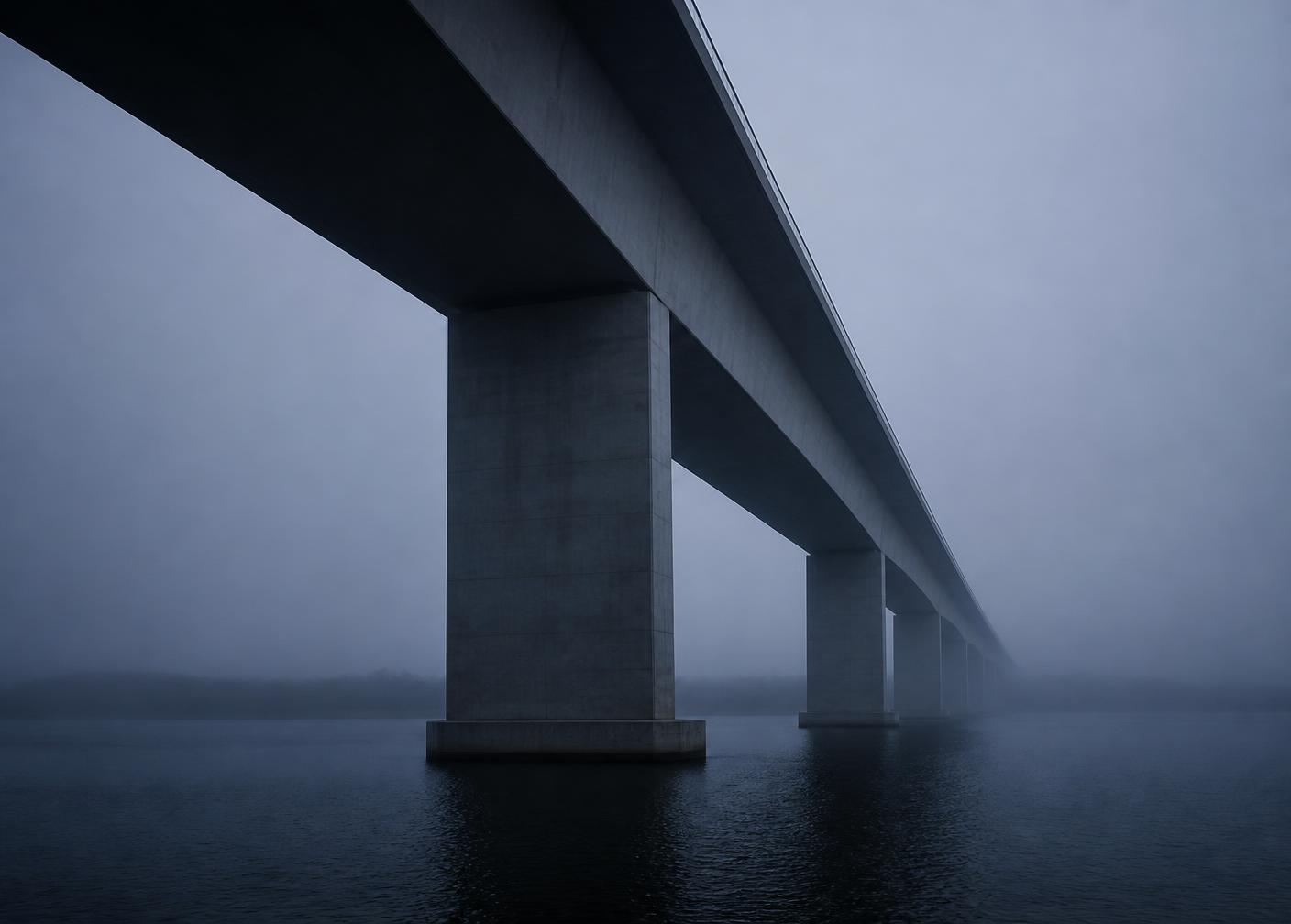 Viaduto de concreto sobre rio em névoa, ao amanhecer